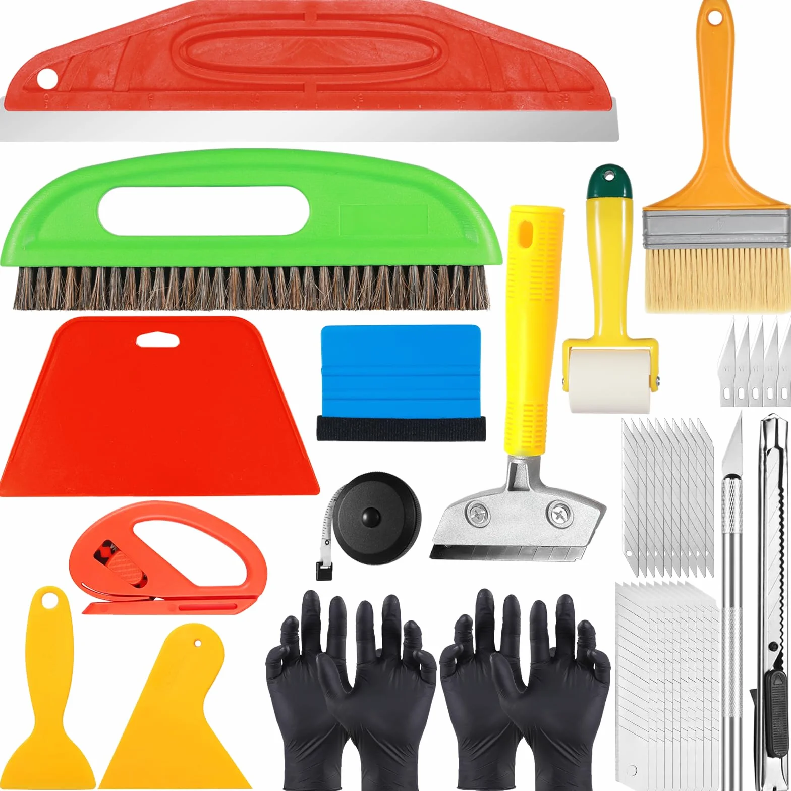 Kit de 17 Piezas Herramientas de Papel Pintado,Multifuncional Kit Herramientas de Película con Papel Rastrillo, Brocha, Rodillo de Costura, Herramientas de Corte para Papel Pintado, Vinilos